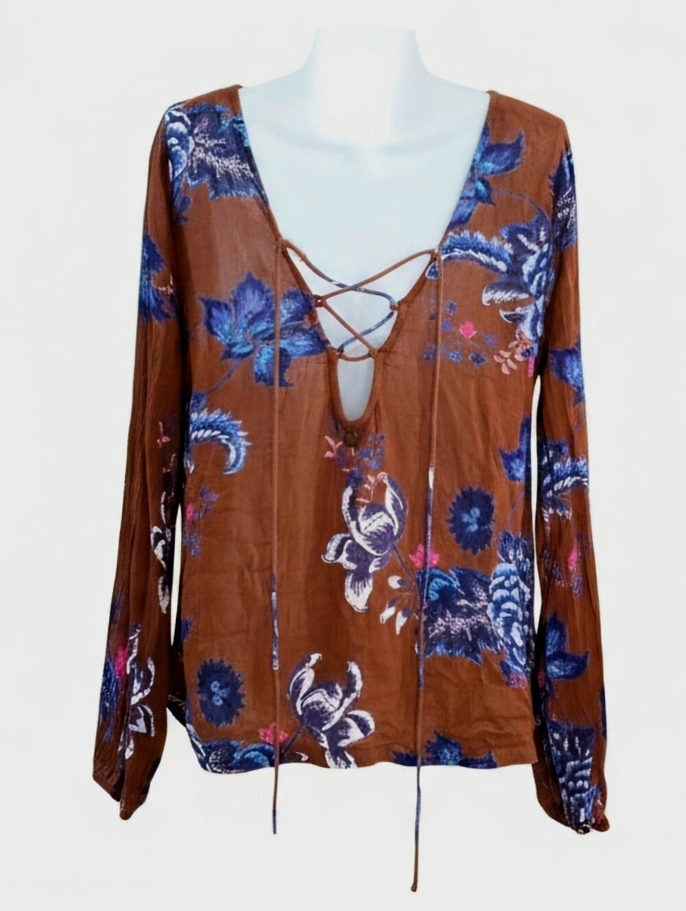 Billabong Reversible Lace Up Floral Gauze Blouse XS Terracotta Blue Whimsigoth